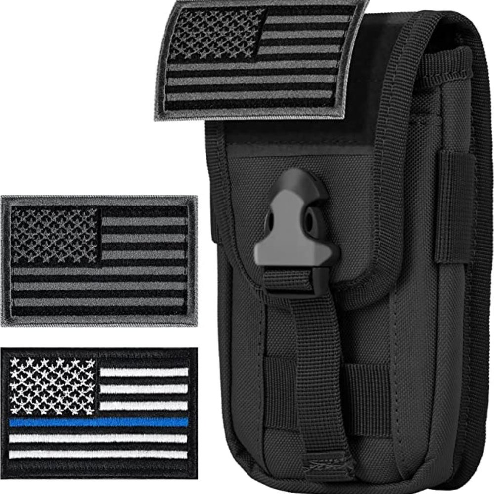 Tactical Cell Phone Holster Pouch with US Flag Patch (Black + 2 Patches)